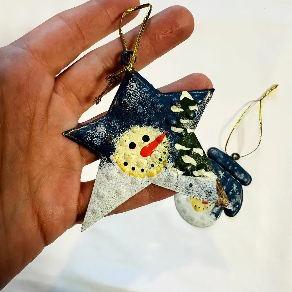 Primitive Farmhouse Christmas Bundle Of 2 Snowman Tin Tree Ornaments